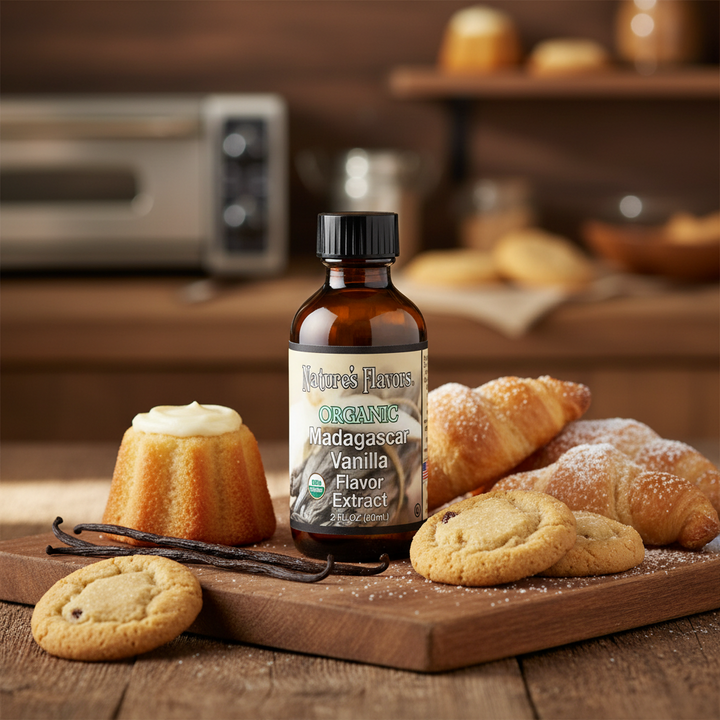 A bottle of Nature's Flavors Organic Madagascar Vanilla Extract stands on a wooden cutting board surrounded by baked goods, including a small vanilla cake, cookies, and croissants, with a blurred kitchen background.