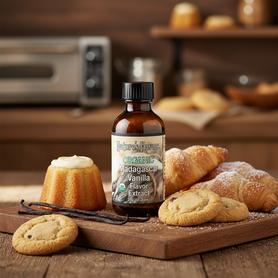 A bottle of Nature's Flavors Organic Madagascar Vanilla Extract stands on a wooden cutting board surrounded by baked goods, including a small vanilla cake, cookies, and croissants, with a blurred kitchen background.