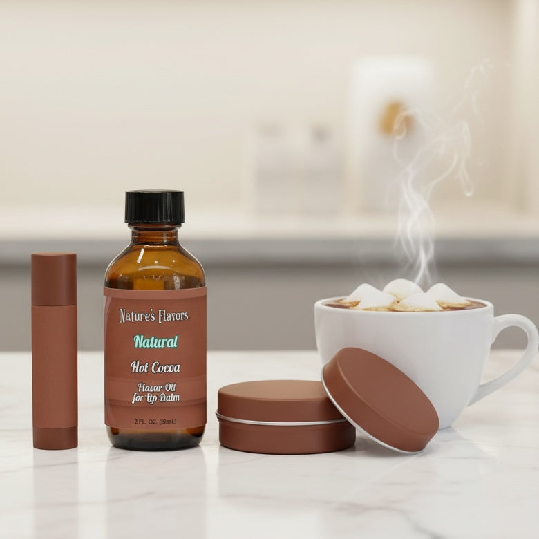 Nature's Flavors Natural Hot Cocoa flavor oil for lip balm with a steaming cup of hot cocoa and marshmallows.