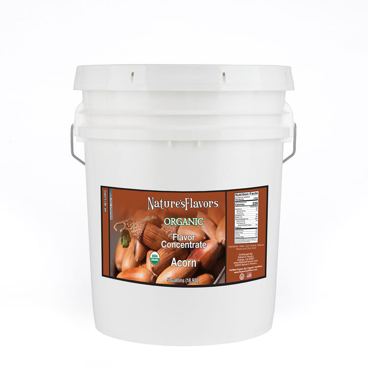 5al bucket labeled Organic Flavor Concentrate, Acorn