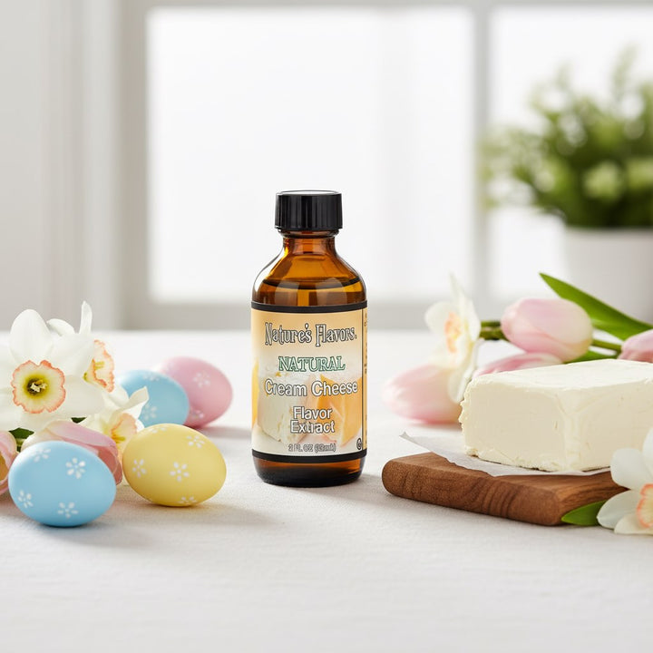 Bottle of Nature's Flavors Natural Cream Cheese Flavor Extract with Easter eggs and flowers on a light surface.