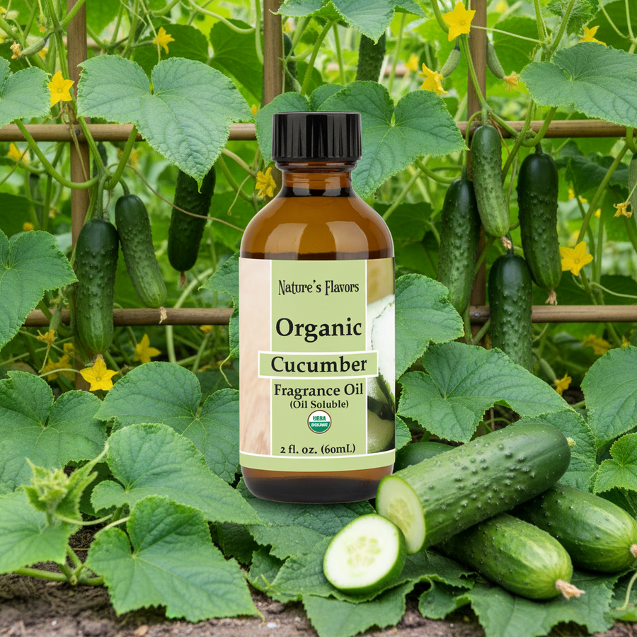 Bottle of Organic Cucumber Fragrance Oil with cucumbers and greenery in the background