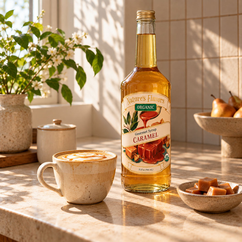 A bottle of Nature's Flavors Organic Caramel Syrup stands on a sunlit kitchen counter beside a cup of caramel latte, a small bowl of caramel pieces, and a potted plant.
