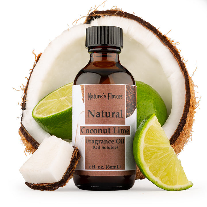 Bottle labeled, "Natural Coconut lime fragrance oil (oil Soluble)" Next to an open coconut and lime wedges. 