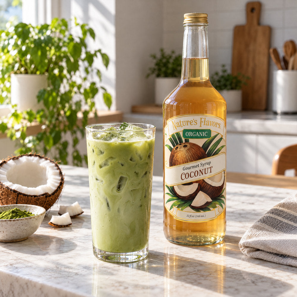 Iced matcha with a hint of coconut.