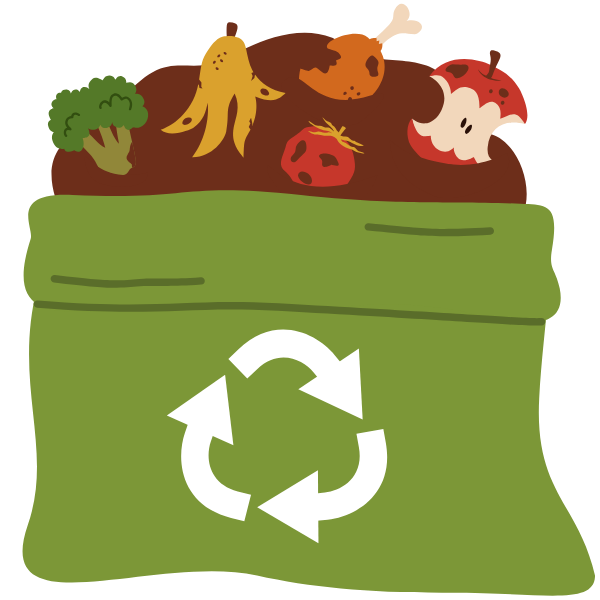 Green compost bin with food waste and recycling symbol