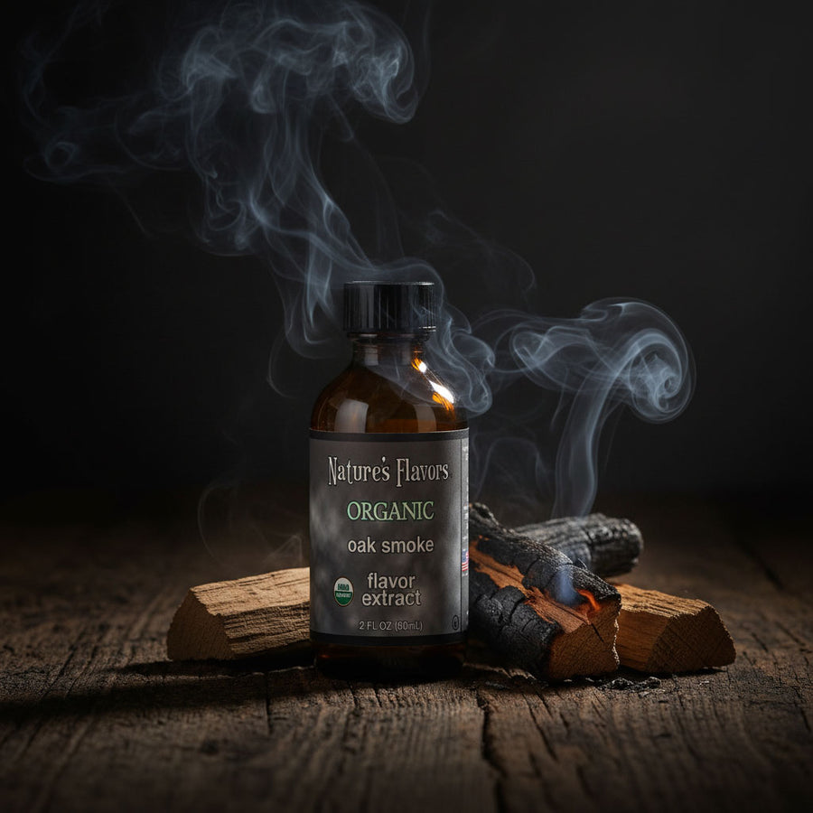 Bottle of Nature's Flavors Organic Oak Smoke flavor extract with smoke and wood on a dark background
