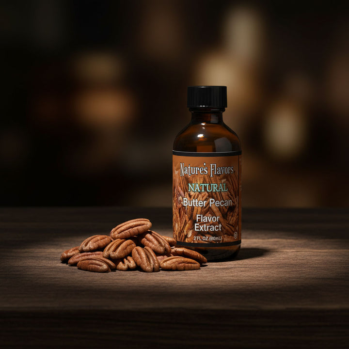 bottle labeled, "Butter Pecan Flavor Extract", next to a group of pecans. 
