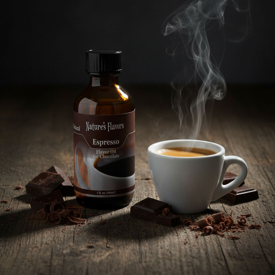 Bottle labeled, "Espresso Flavor Oil for Chocolate" next to a cup of coffee and chocolate.