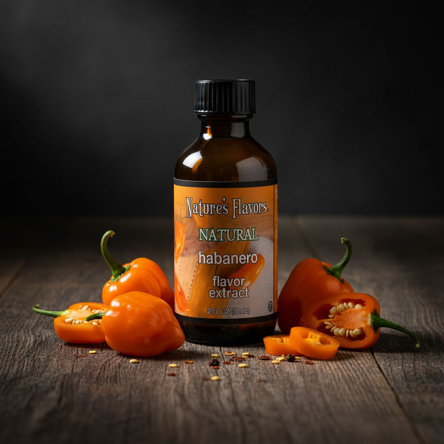 Bottle of Nature's Flavors Natural Habanero flavor extract with habanero peppers on a wooden surface.