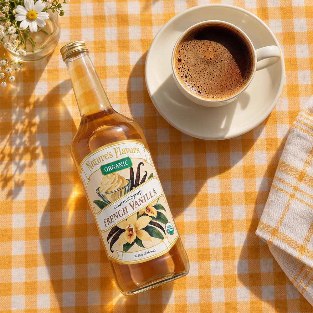 A bottle of Nature's Flavors Organic French Vanilla syrup lies on a yellow-and-white checkered tablecloth beside a cup of black coffee on a saucer, with a small vase of white flowers and a folded napkin nearby.