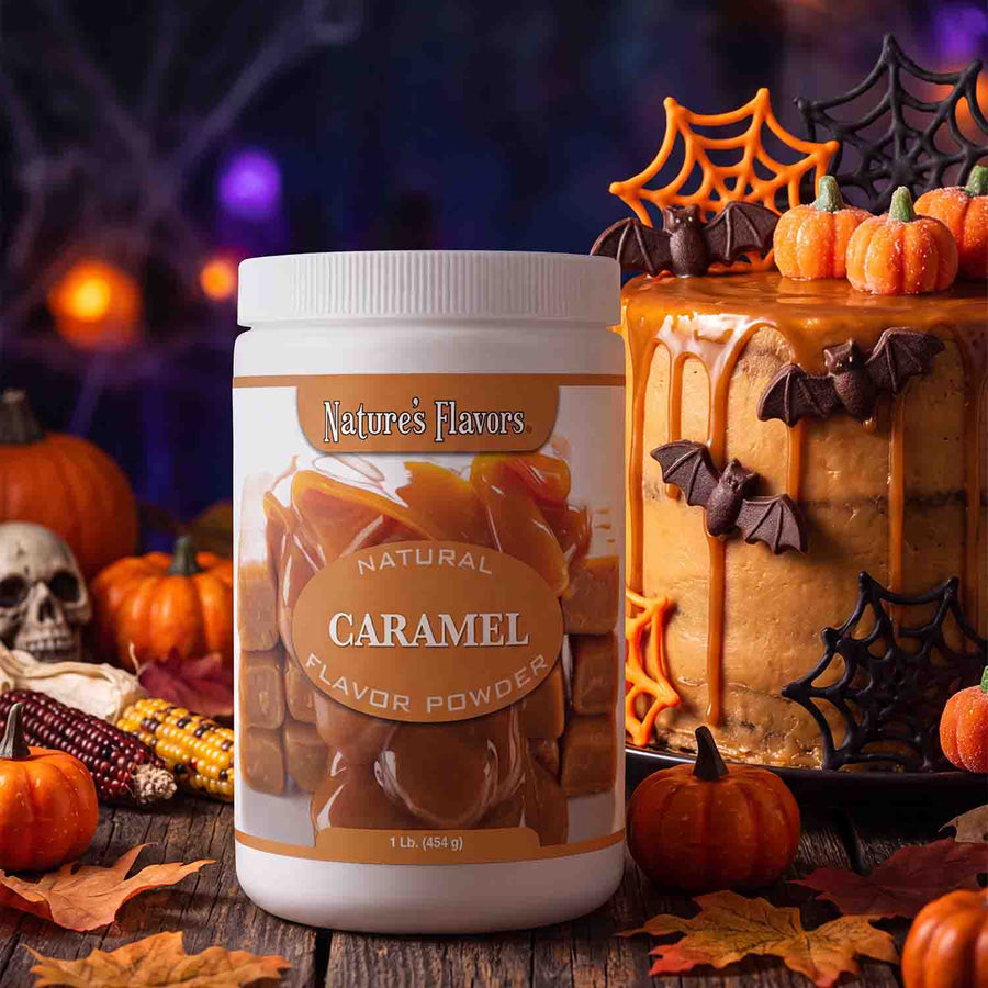 White Tub labeled, "Natural Caramel Flavor Powder" next to a Halloween themed cake. 