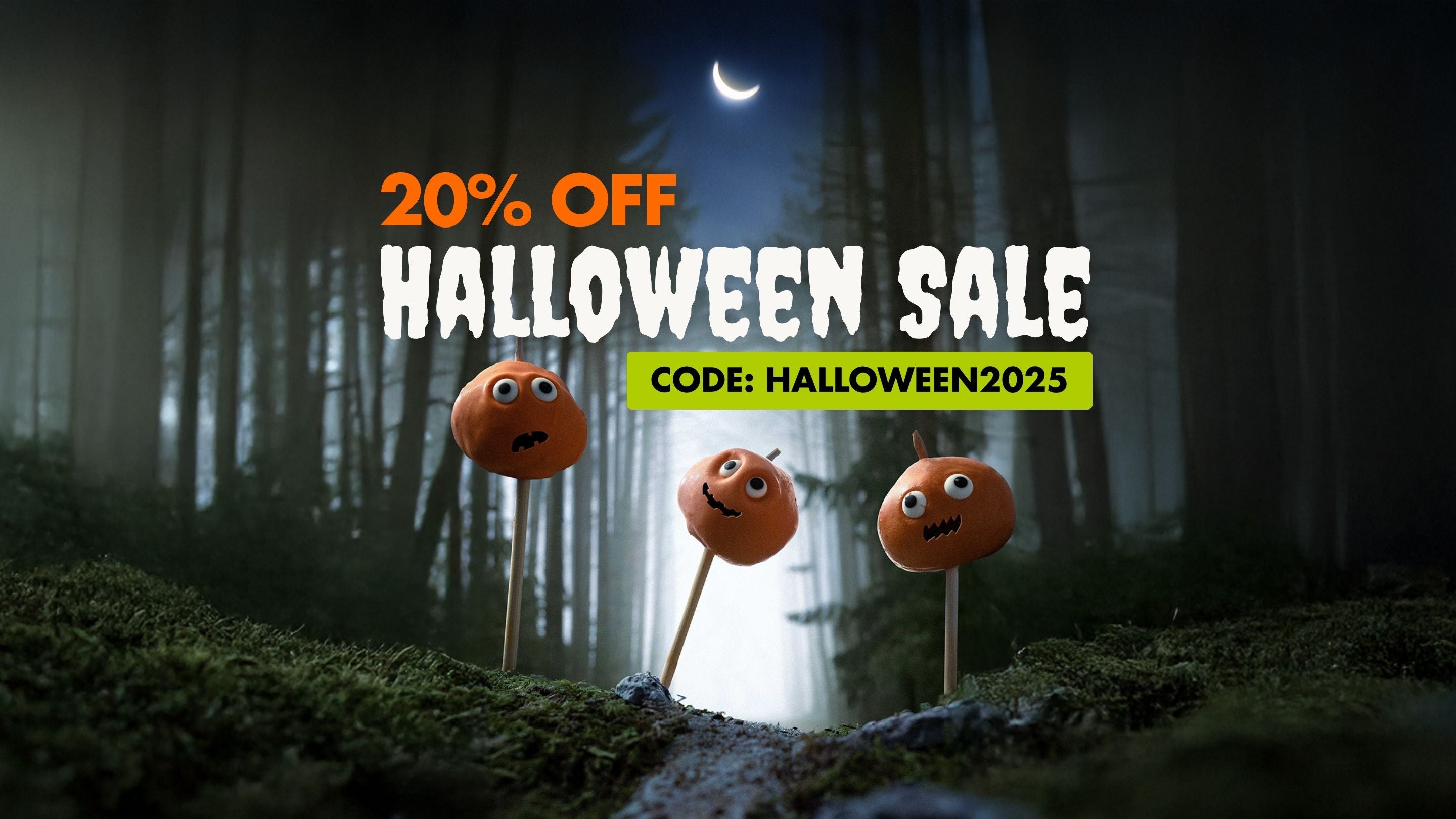 Halloween sale promotion with pumpkins in a forest setting
