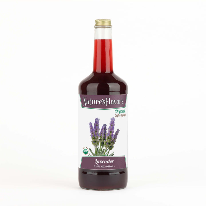 Bottle of Nature's Flavors lavender syrup on a white background