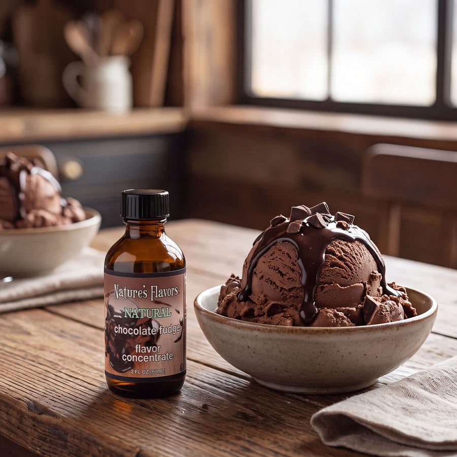 Bottle labeled, "Natural Chocolate Flavor Concentrate" next to a small bowl of chocolate fudge ice cream.