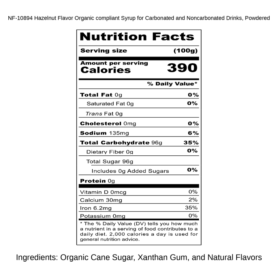 Hazelnut Flavor Organic compliant Syrup for Carbonated and Noncarbonated Drinks, Powdered