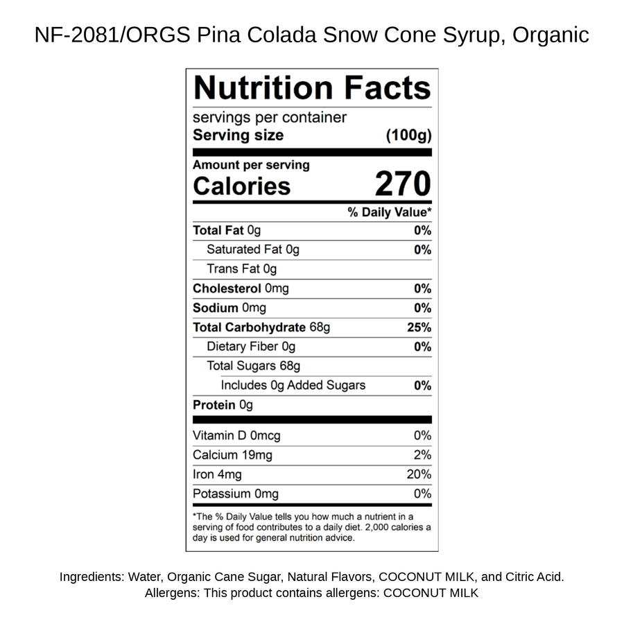 Pina Colada Snow Cone Syrup, Organic