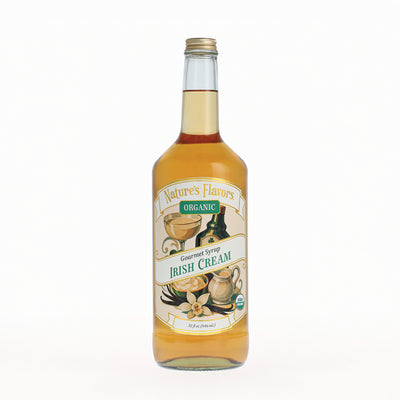 A bottle of Nature's Flavors Organic Irish Cream Gourmet Syrup on a clean white background.