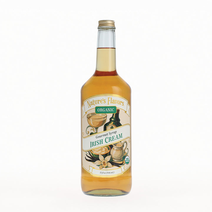 A bottle of Nature's Flavors Organic Irish Cream Gourmet Syrup on a clean white background.