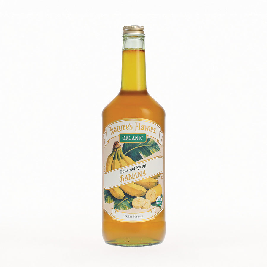 A bottle of Nature's Flavors Organic Gourmet Syrup, Banana flavor, set against a plain white background.