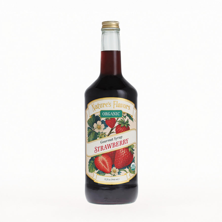 A bottle of Nature's Flavors Organic Gourmet Syrup Strawberry, featuring a dark red liquid in a clear glass bottle with a cream-colored label and a gold cap, set against a plain white background.