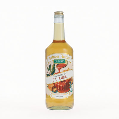 Bottle of Nature's Flavors caramel syrup on a white background