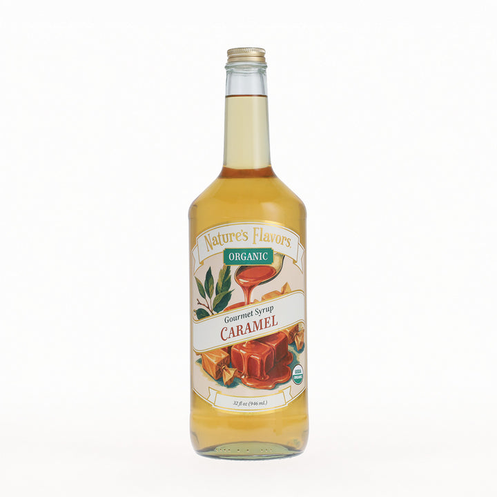 Bottle of Nature's Flavors caramel syrup on a white background