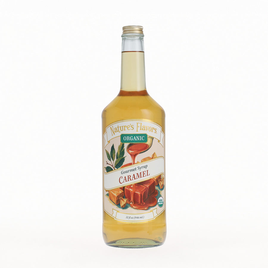 Bottle of Nature's Flavors caramel syrup on a white background