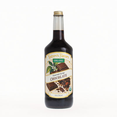 A bottle of Nature's Flavors Organic Gourmet Syrup Chocolate, 32 fl oz, on a clean white background.