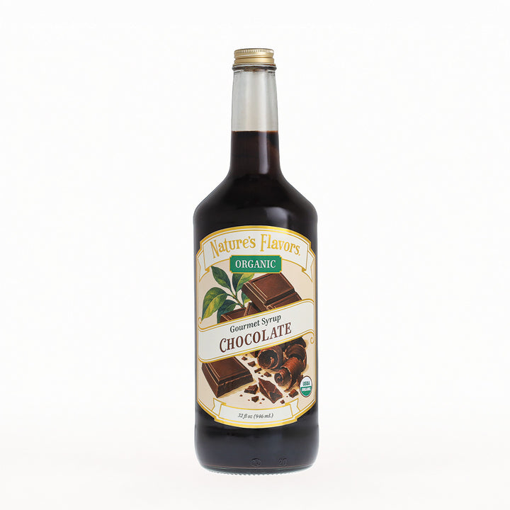 A bottle of Nature's Flavors Organic Gourmet Syrup Chocolate, 32 fl oz, on a clean white background.