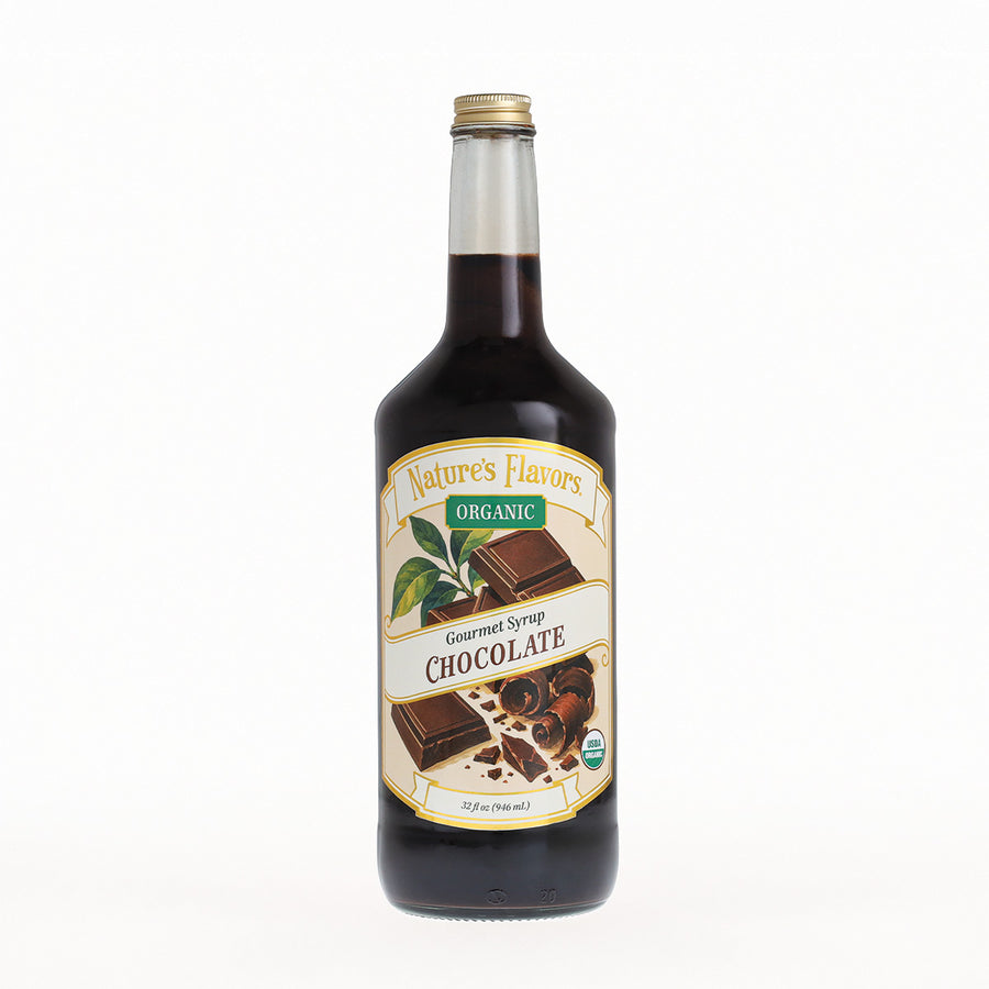 A bottle of Nature's Flavors Organic Gourmet Syrup Chocolate, 32 fl oz, on a clean white background.