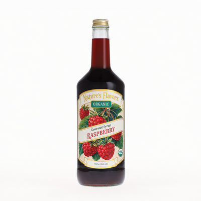 A bottle of Nature's Flavors Organic Raspberry Gourmet Syrup on a clean white background.