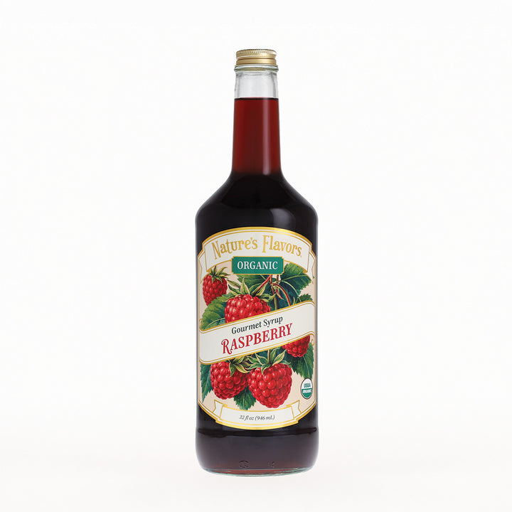 A bottle of Nature's Flavors Organic Raspberry Gourmet Syrup on a clean white background.