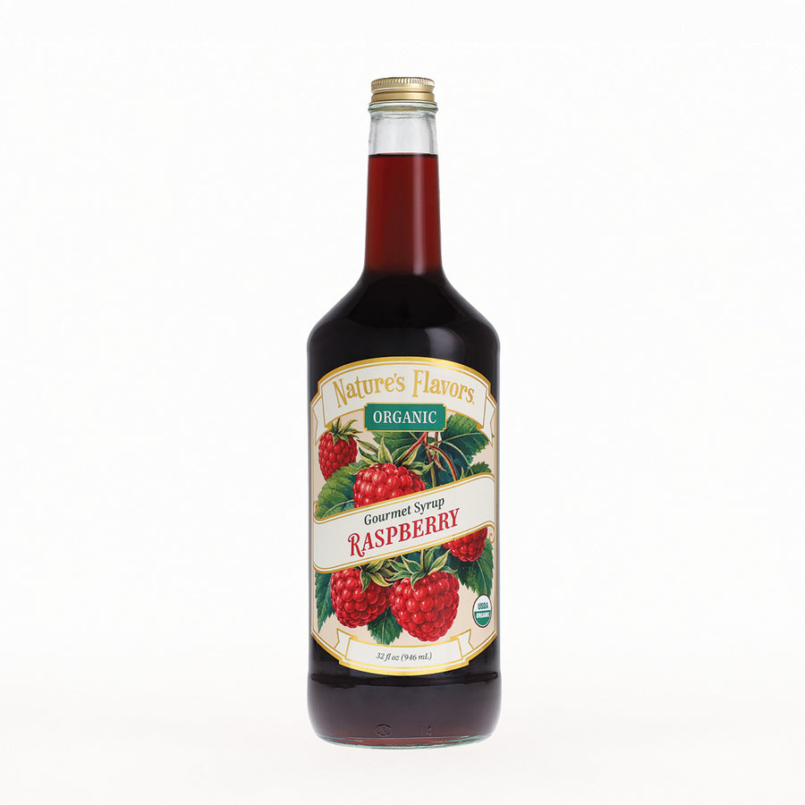 A bottle of Nature's Flavors Organic Raspberry Gourmet Syrup on a clean white background.