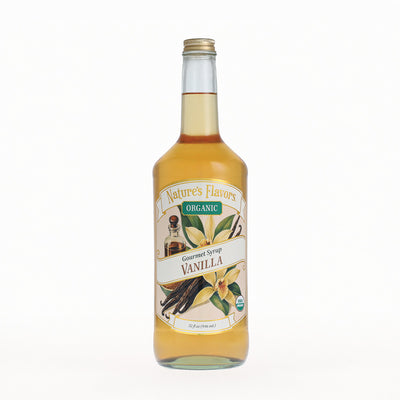 A bottle of Nature's Flavors Organic Vanilla Gourmet Syrup on a clean white background.