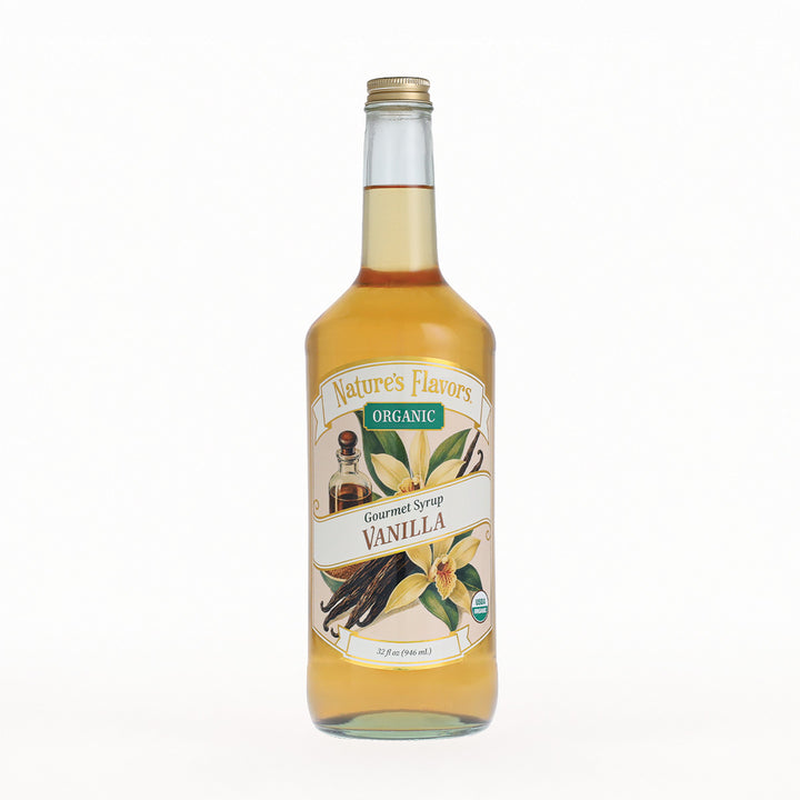 A bottle of Nature's Flavors Organic Vanilla Gourmet Syrup on a clean white background.