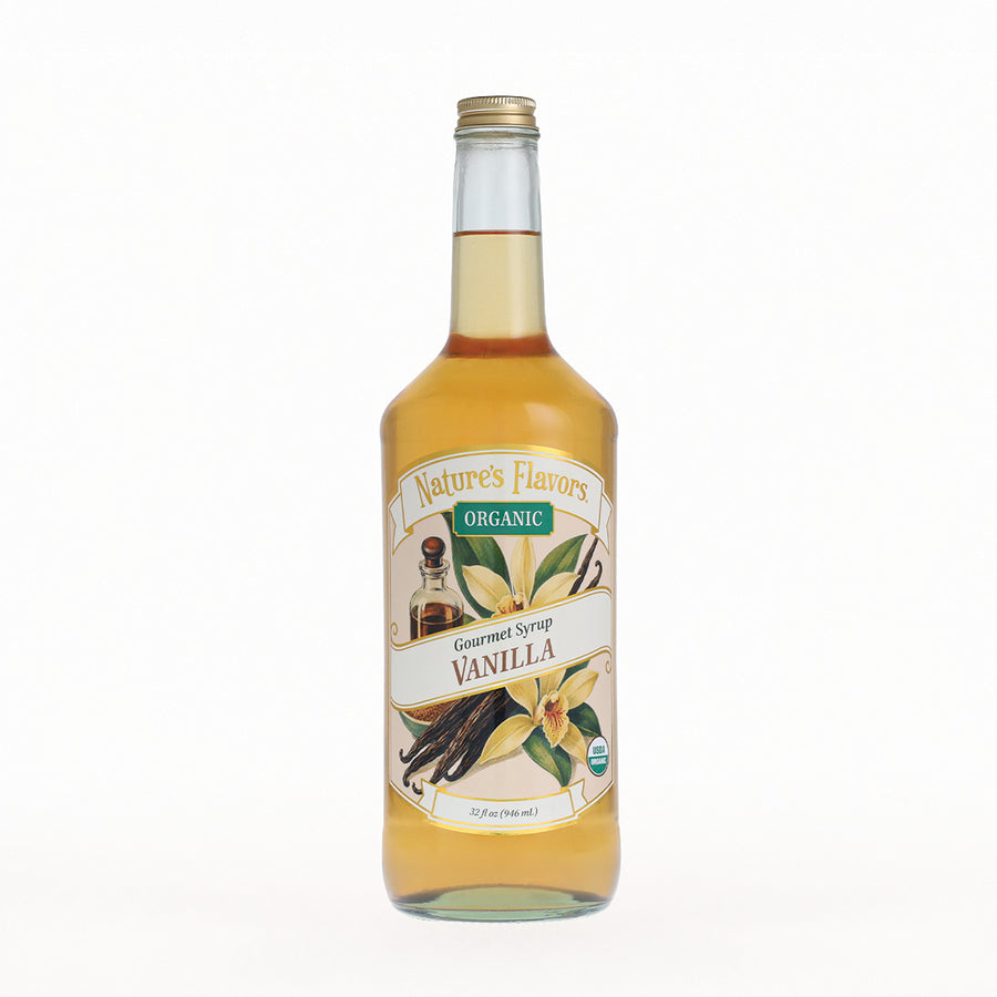 A bottle of Nature's Flavors Organic Vanilla Gourmet Syrup on a clean white background.