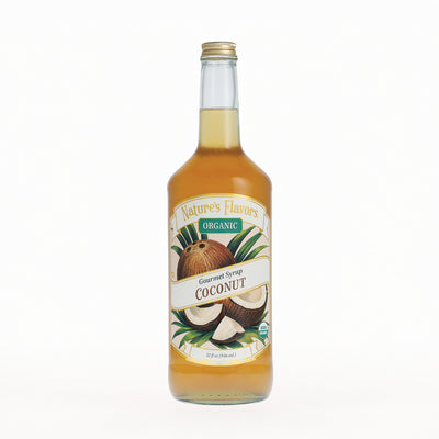 A bottle of Nature's Flavors Organic Coconut Gourmet Syrup on a clean white background.