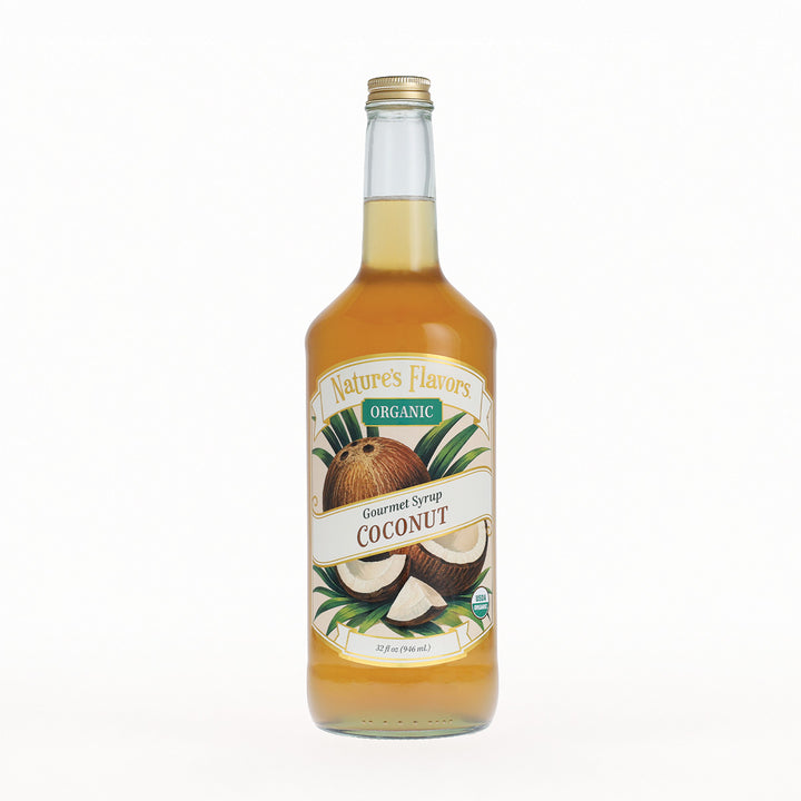 A bottle of Nature's Flavors Organic Coconut Gourmet Syrup on a clean white background.