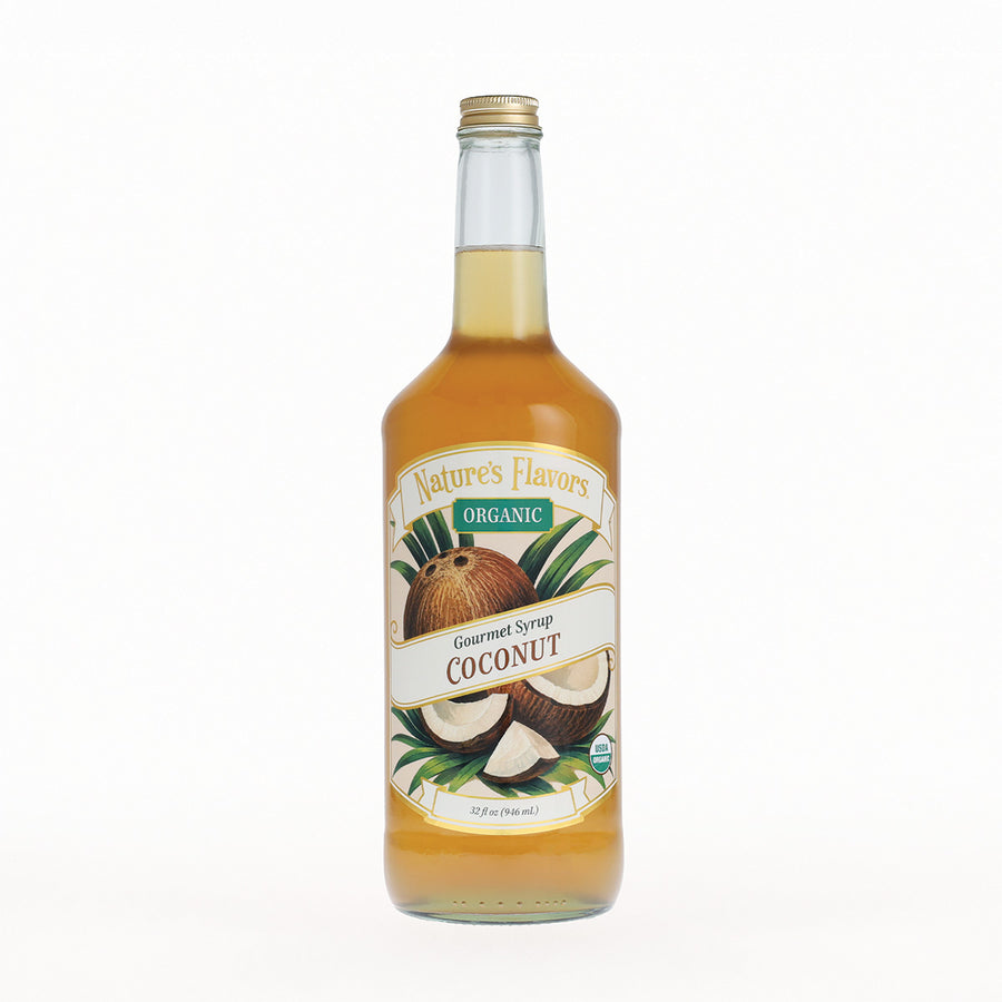A bottle of Nature's Flavors Organic Coconut Gourmet Syrup on a clean white background.