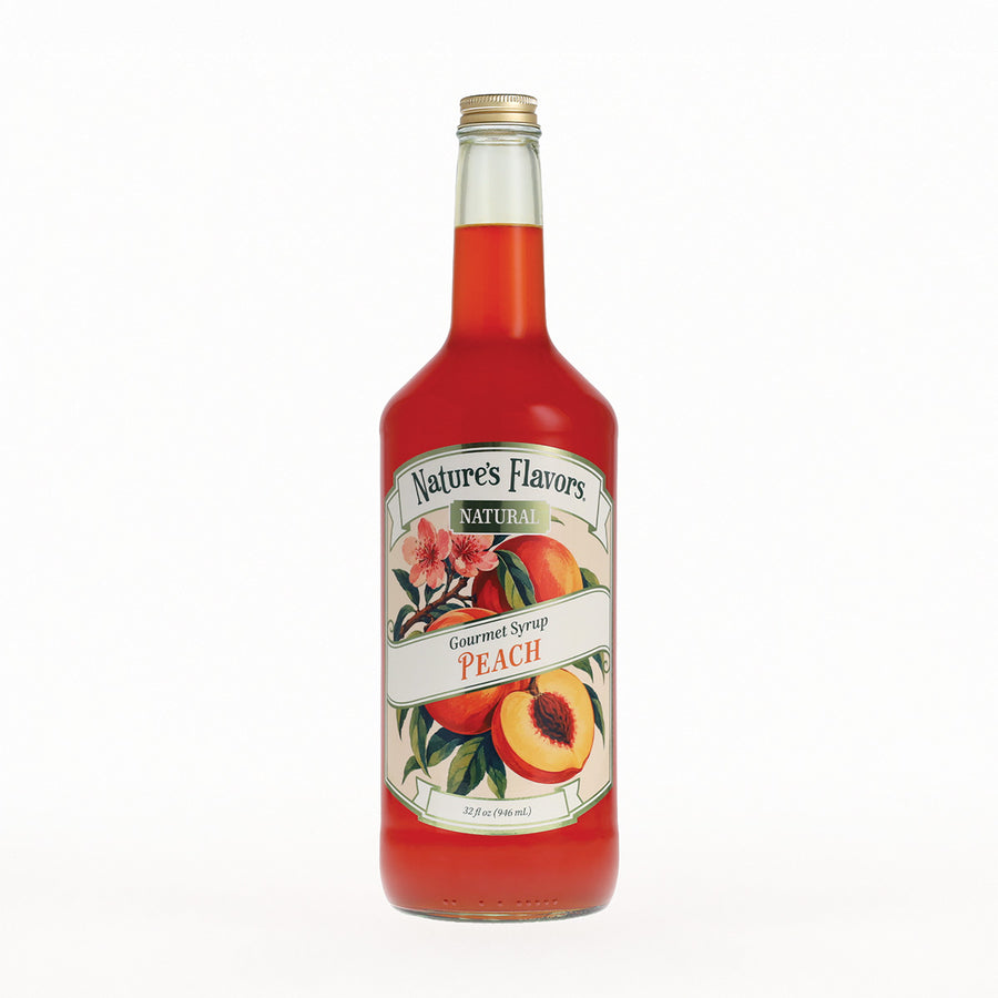 A bottle of Nature's Flavors Gourmet Syrup Peach featuring a detailed peach and floral label, set against a plain white background.
