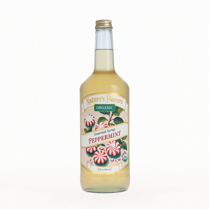 A bottle of Nature's Flavors Organic Gourmet Syrup Peppermint, filled with pale yellow liquid and featuring a festive label with peppermint candies, set against a plain white background.