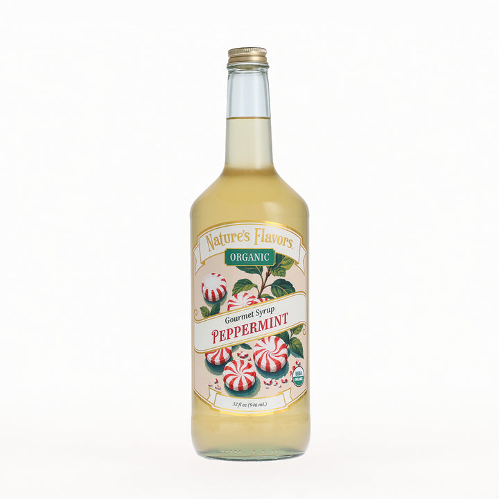 A bottle of Nature's Flavors Organic Gourmet Syrup Peppermint, filled with pale yellow liquid and featuring a festive label with peppermint candies, set against a plain white background.