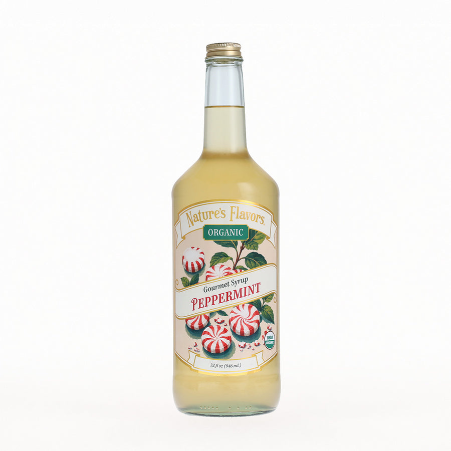 A bottle of Nature's Flavors Organic Gourmet Syrup Peppermint, filled with pale yellow liquid and featuring a festive label with peppermint candies, set against a plain white background.