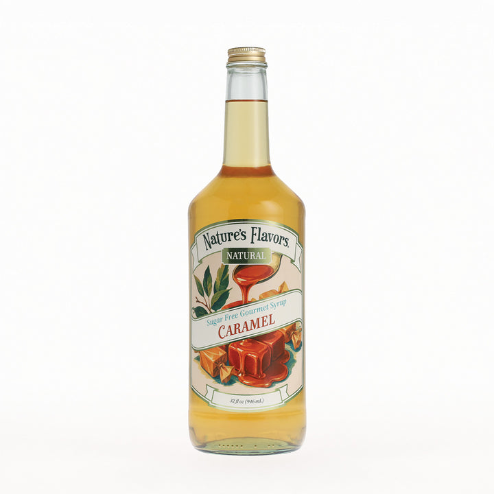 A bottle of Nature's Flavors Sugar Free Caramel Syrup with a gold cap and a detailed cream-colored label featuring illustrations of caramel, set against a plain white background.