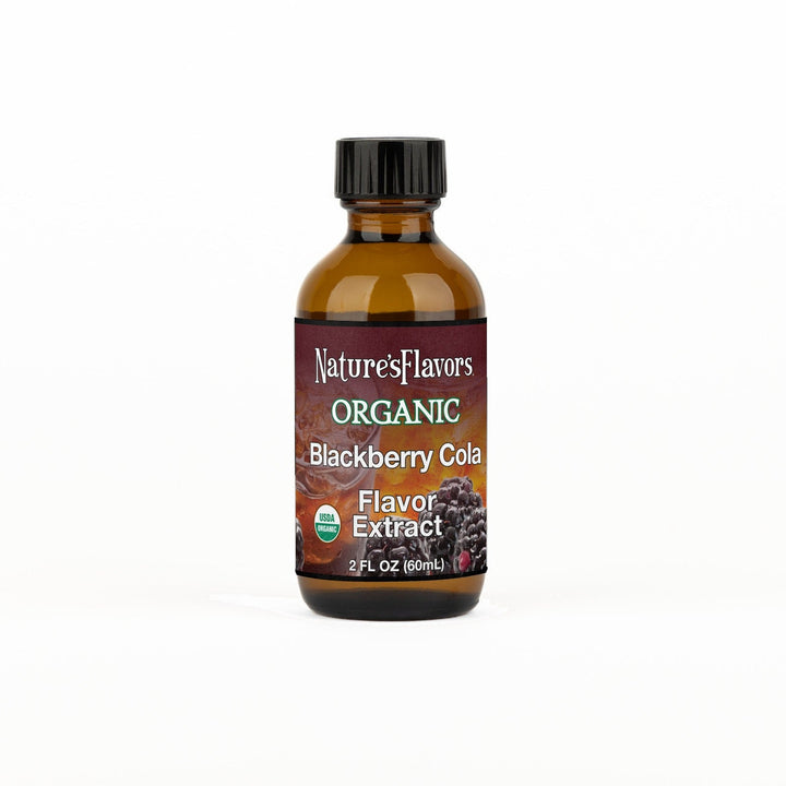 A 2 fl oz amber glass bottle of Nature's Flavors Blackberry Cola Flavor Extract, Organic with a black cap, centered on a white background.