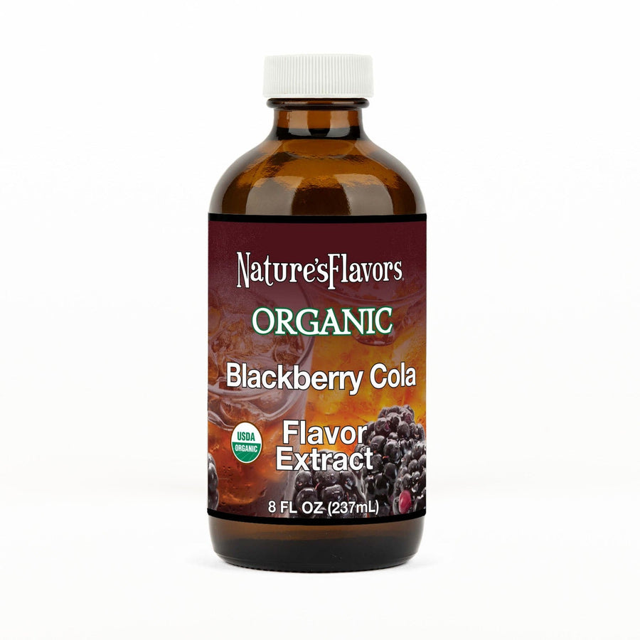 An 8 fl oz amber glass bottle of Nature's Flavors Blackberry Cola Flavor Extract, Organic with a white cap, centered on a white background.