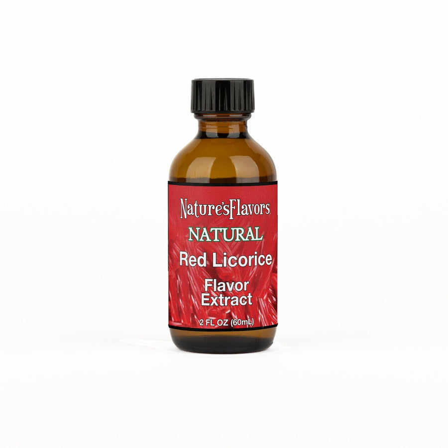 A 2 fl oz amber glass bottle of Nature's Flavors Red Licorice Flavor Extract, Natural with a black cap, centered on a white background.