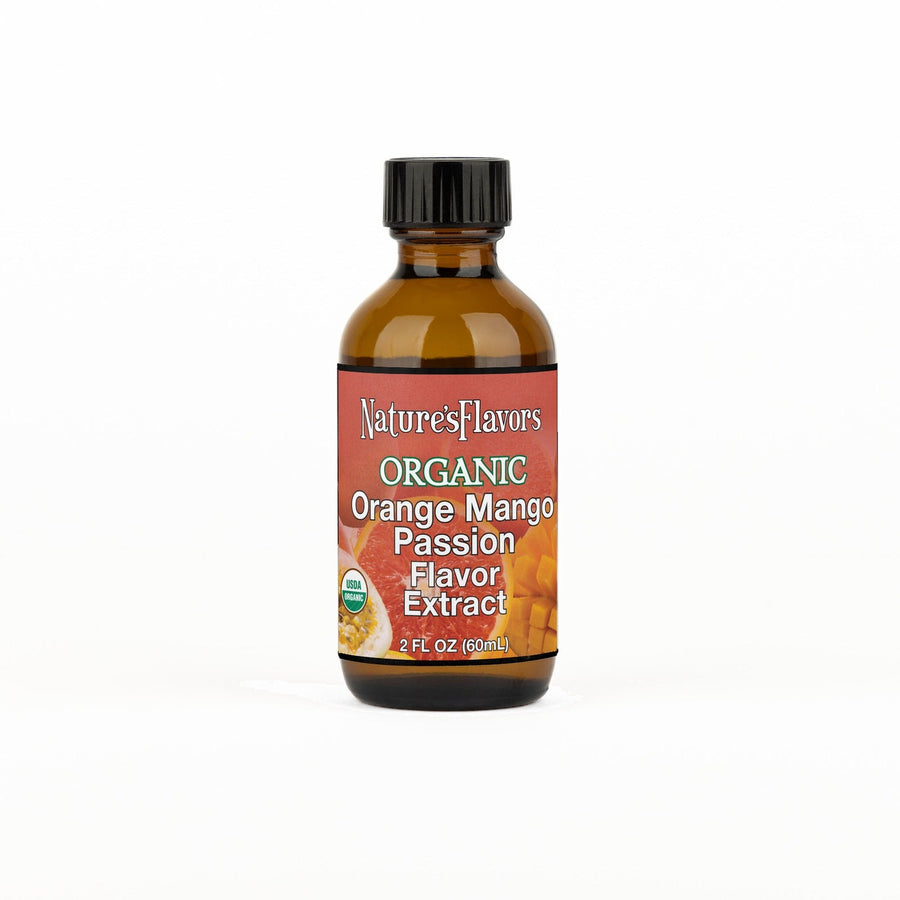 A 2 fl oz amber glass bottle of Nature's Flavors Orange Mango Passion Flavor Extract, Organic with a black cap, centered on a white background.