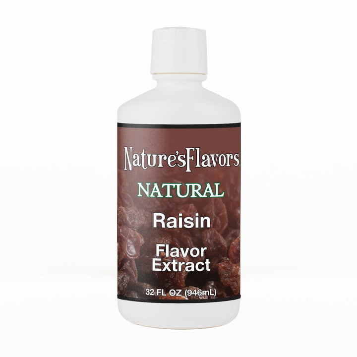 A 32 fl oz white plastic bottle of Nature's Flavors Raisin Flavor Extract, Natural with a white cap, centered on a white background.